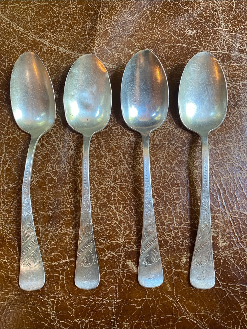 54g Lot of 4 1888 Antique Engraved Whiting Sterling Silver 7” Dessert Spoons